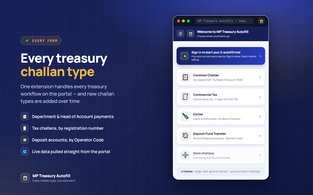 Every challan type the extension supports, in one place